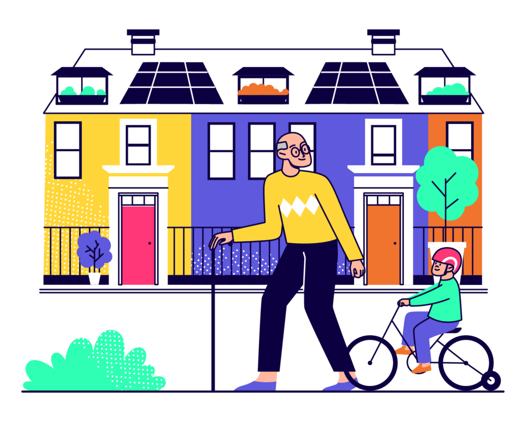illustration of residents outside houses engaging in sustainable behaviours (riding bike)