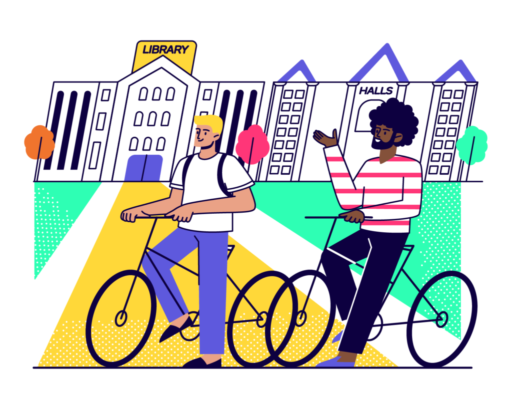illustration of students on campus engaged in sustainability by riding bikes