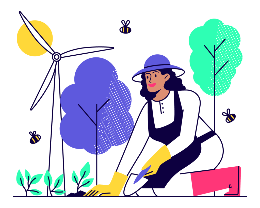 illustration of woman engaging in sustainability by planting flowers