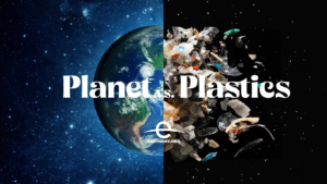 Earth Day Logo and Planet vs. Plastics overlaid on Graphic Art of the Earth and Waste Plastics