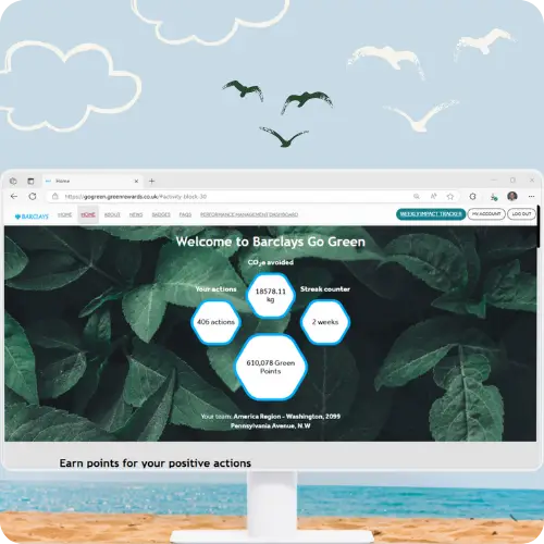 Screen showing Barclays Go Green Programme Home Page with users statistics for the member's points, actions, streak and CO2e avoided
