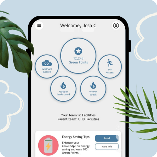 Phone screen showing EcoEarn app Home Page with users statistics for the member's points, actions, streak and CO2e avoided