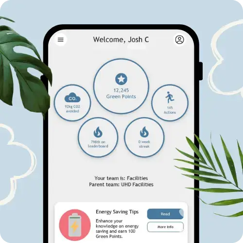 Phone screen showing EcoEarn app Home Page with users statistics for the member's points, actions, streak and CO2e avoided
