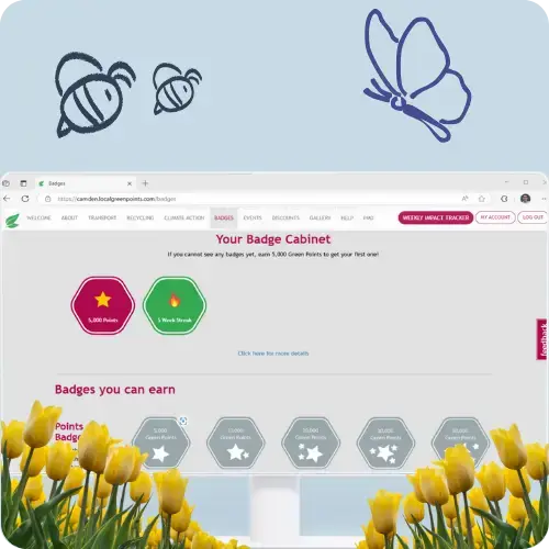 Screen showing EcoPoints app Home Page with users statistics for the member's points, actions, streak and CO2e avoided