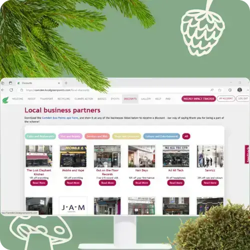 A computer screen showing local business partners within the desktop platform for the EcoPoints programme
