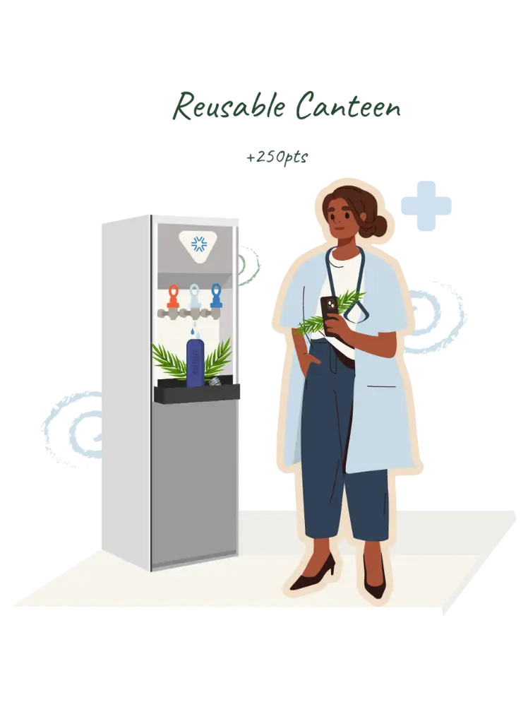 Illustration of a woman earning green points on her Team Jump programme by re-using her canteen