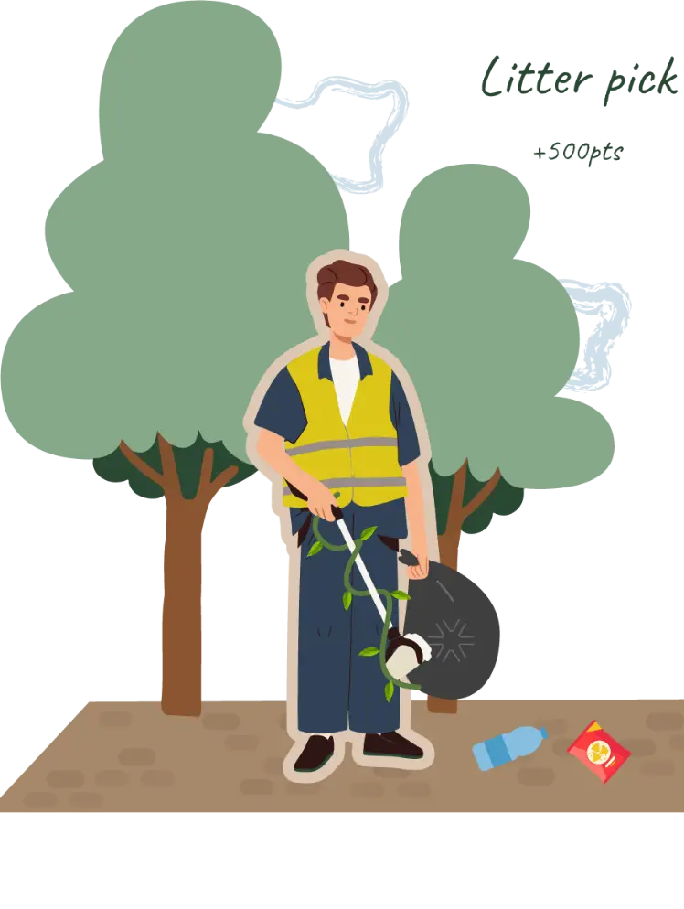 Illustration of a man earning green points on his Team Jump programme for picking up litter in the park