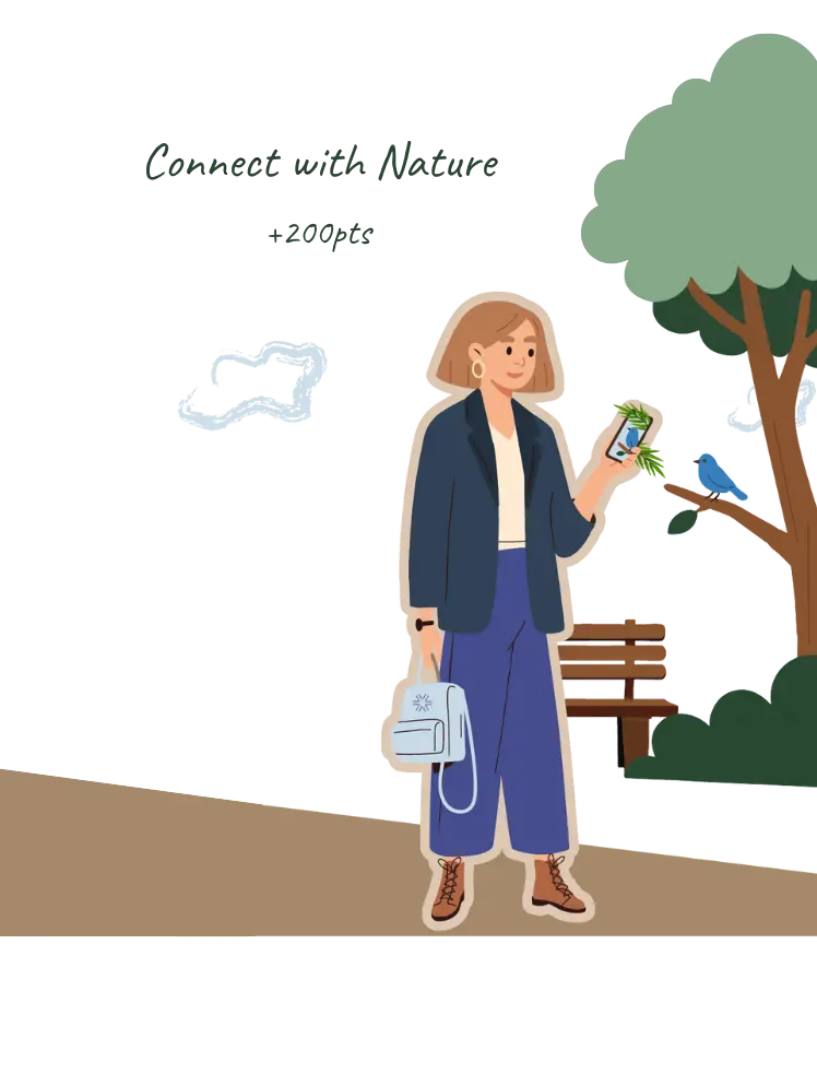Illustration of a woman earning points for her Team Jump programme by posting a photo of herself connecting with nature.