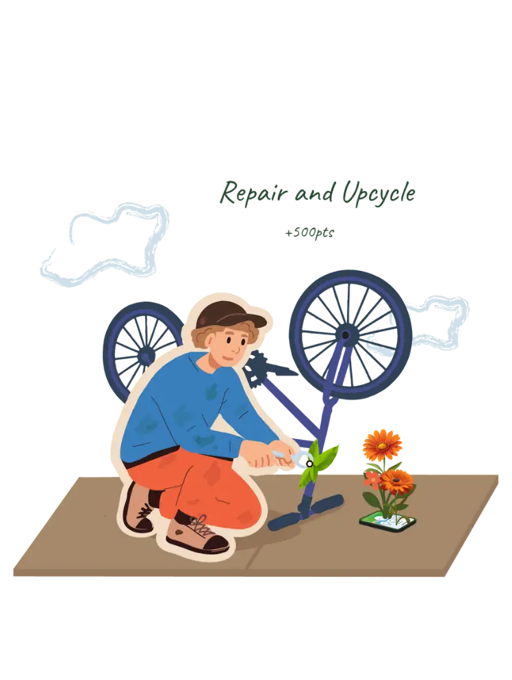Illustration of a man earning green points for repairing his bicycle instead of buying a new one.