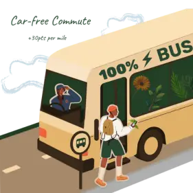 Illustration of a man earning Green points for his Team Jump programme by taking public transport instead of driving.