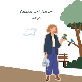 Illustration of a woman earning points for her Team Jump programme by posting a photo of herself connecting with nature.