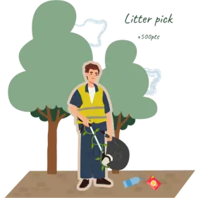 Illustration of a man earning green points on his Team Jump programme for picking up litter in the park