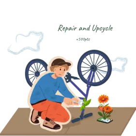 Illustration of a man earning green points for repairing his bicycle instead of buying a new one.