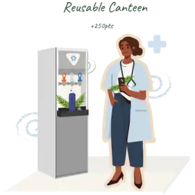 Illustration of a woman earning green points on her Team Jump programme by re-using her canteen