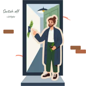 Illustration of a man earning green points for his Team Jump programme for switching off his light as he leaves his house