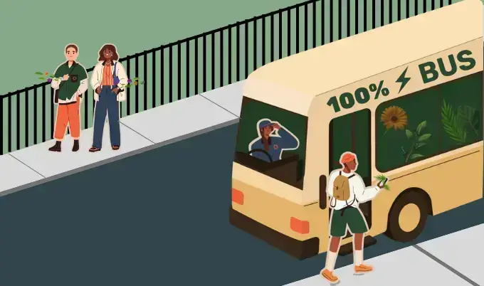 Animation of people taking sustainable commutes via bus or walking.