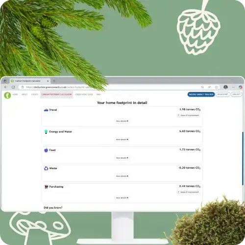 Computer Screen showing the carbon calculator within desktop platform for the Derbyshire Green Rewards Programme