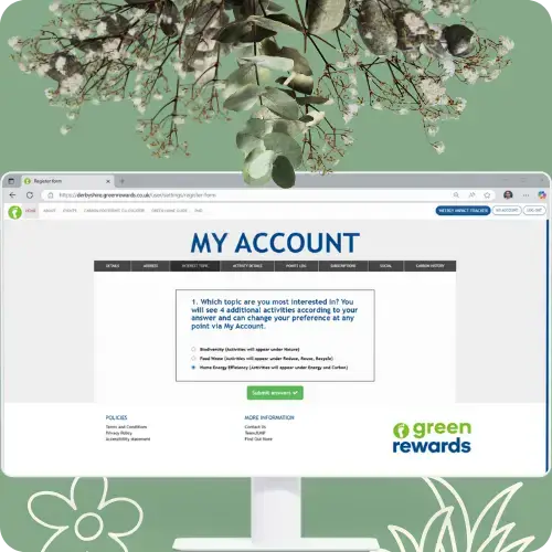 Computer Screen showing user preference selection of activities within desktop platform for the Derbyshire Green Rewards Programme
