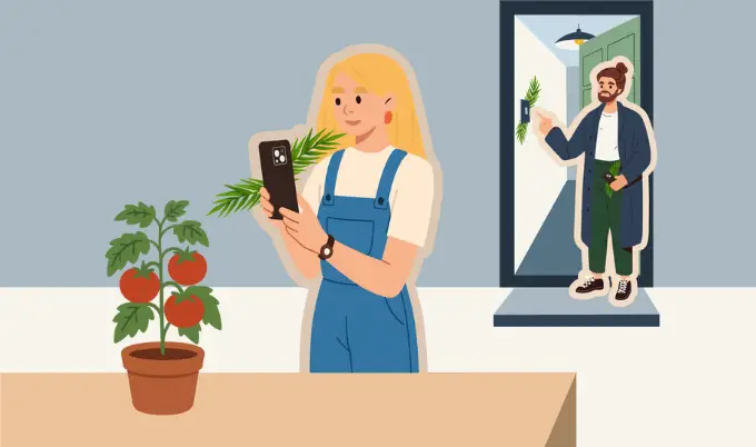 A man switching off a light as he leaves a room while a woman takes a picture of a tomato plant she grew.