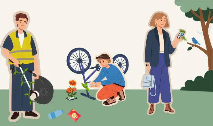 A man picking litter, a woman taking a photo in nature, and a man repairing his bicycle