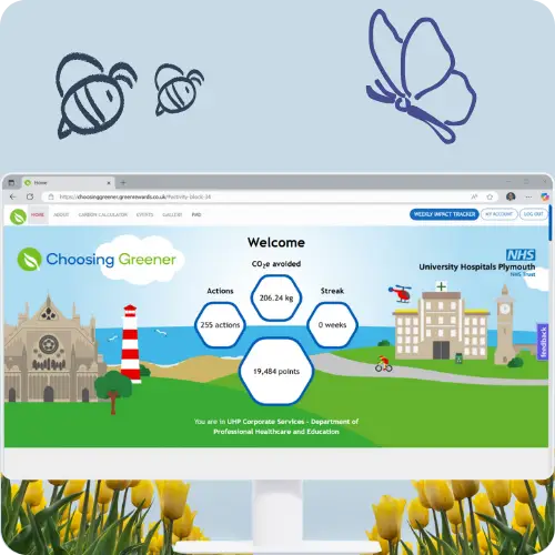 Screen showing University Hospitals Plymouth NHS Trust, Choosing Greener Programme Home Page with users statistics for the member's points, actions, streak and CO2e avoided