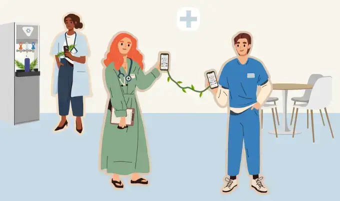 A man sharing the Team Jump app with a colleague, while a woman refills her canteen.