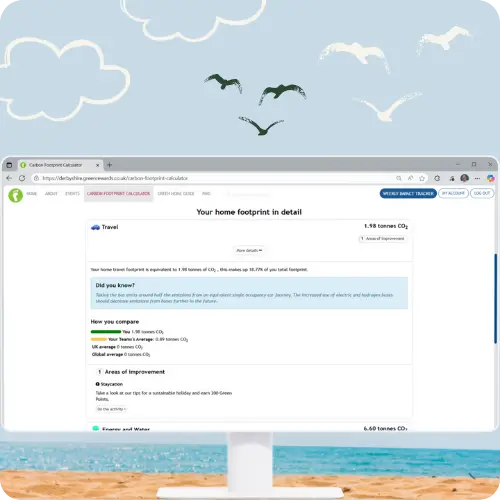 A screen showing the Derbyshire Green Rewards Carbon Footprint Calculator with suggestions